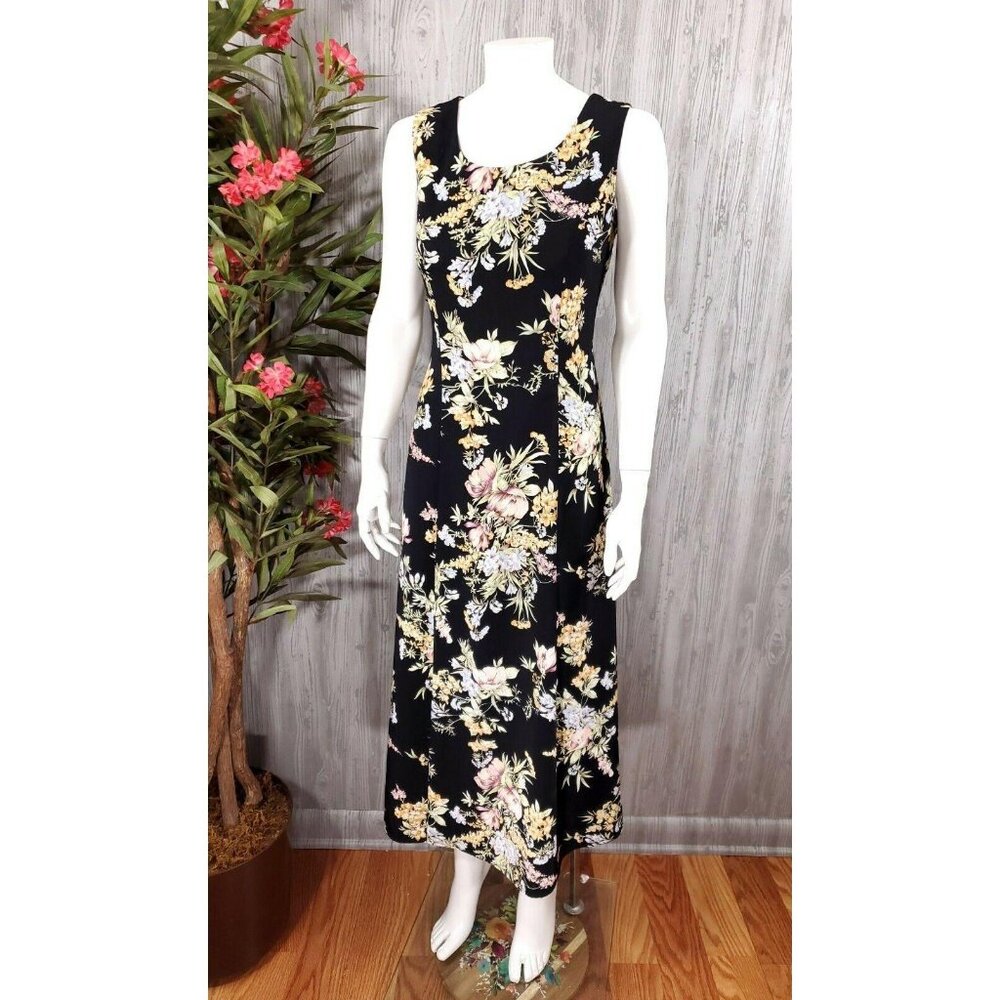 90s Vintage Y2K Black Floral Maxi Dress Size 8 Boho Cottage Core Grunge